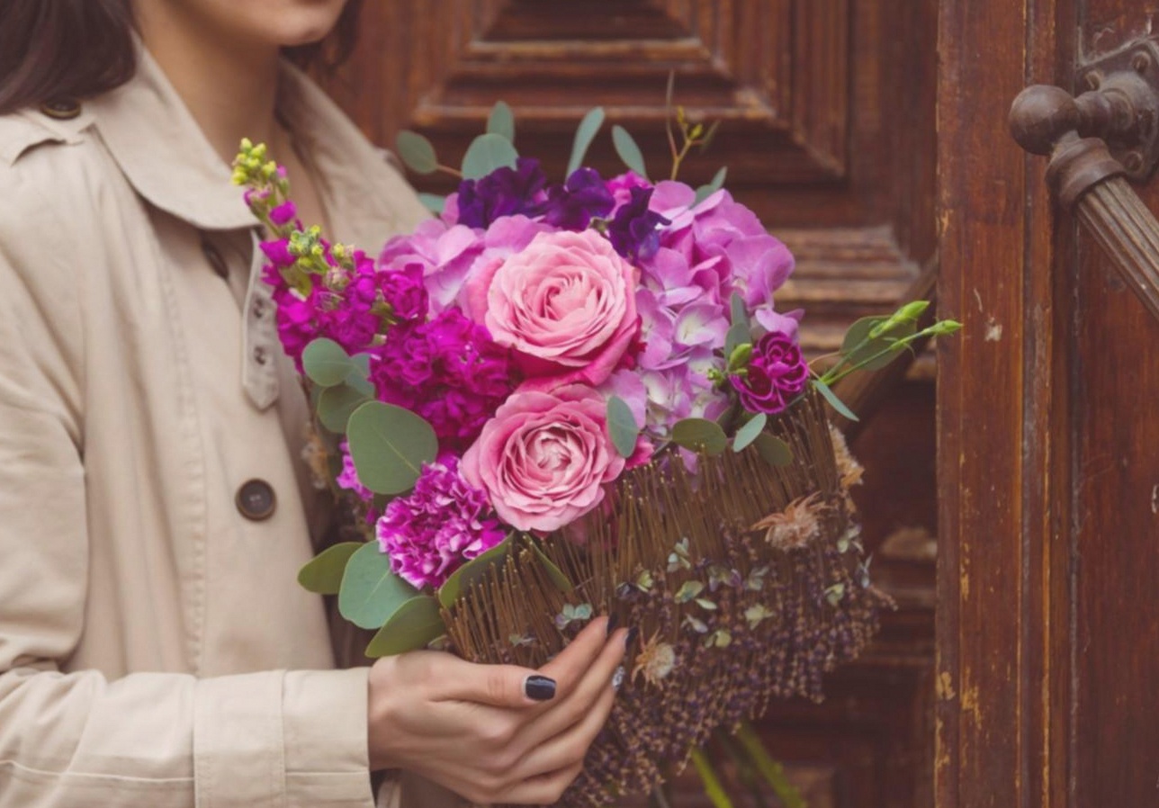 Mobile floral arrangement setup at an event venue